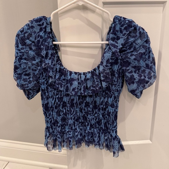 Misa Los Angeles Tops - Misa Los Angeles Blue Floral Smocked Puff Sleeve Top